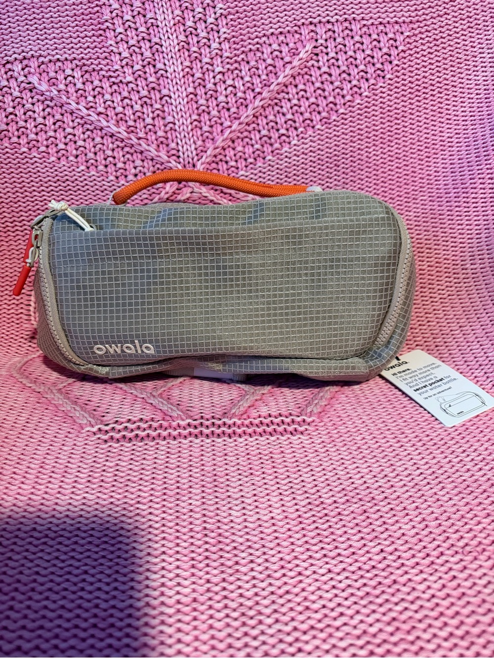 Beige Owala water bottle bag with with Orange Carry Handle, cross body